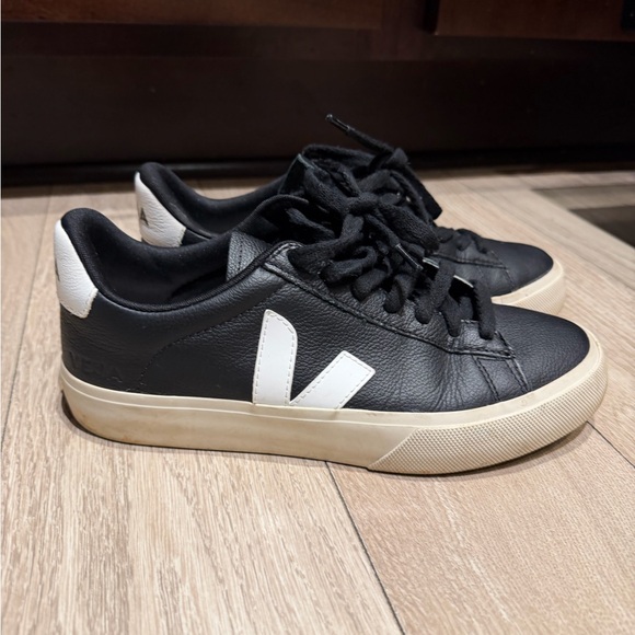 Veja Shoes - Veja Black Leather Sneakers with White V Logo